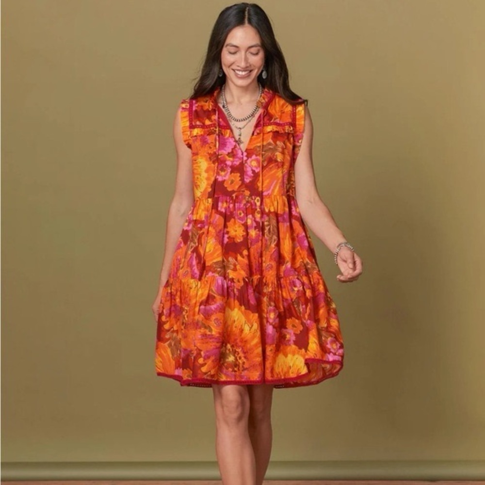 Sundance Blossoms Devine tiered mini dress size small floral print pink orange